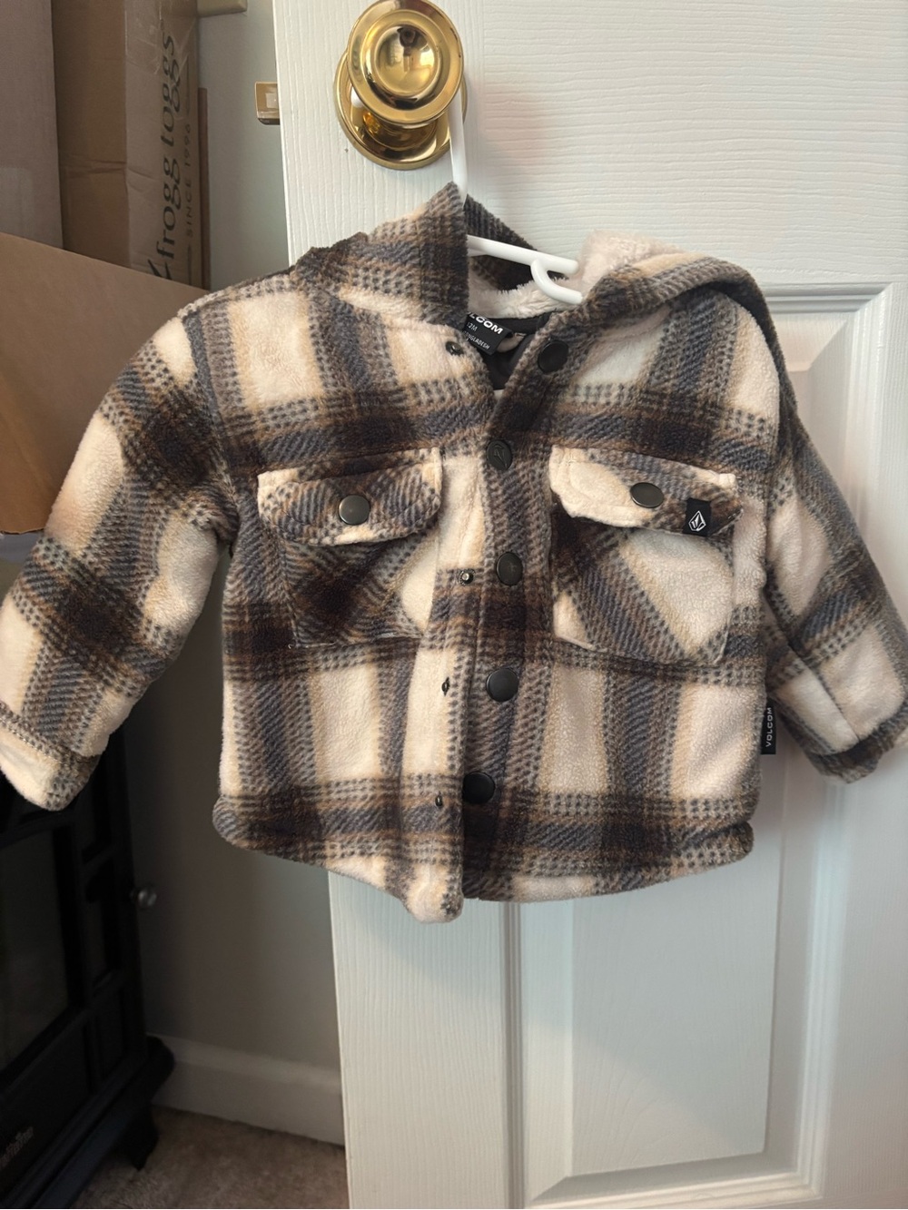 Volcom Kids Plaid Hooded Jean Jacket - Brown & Cream